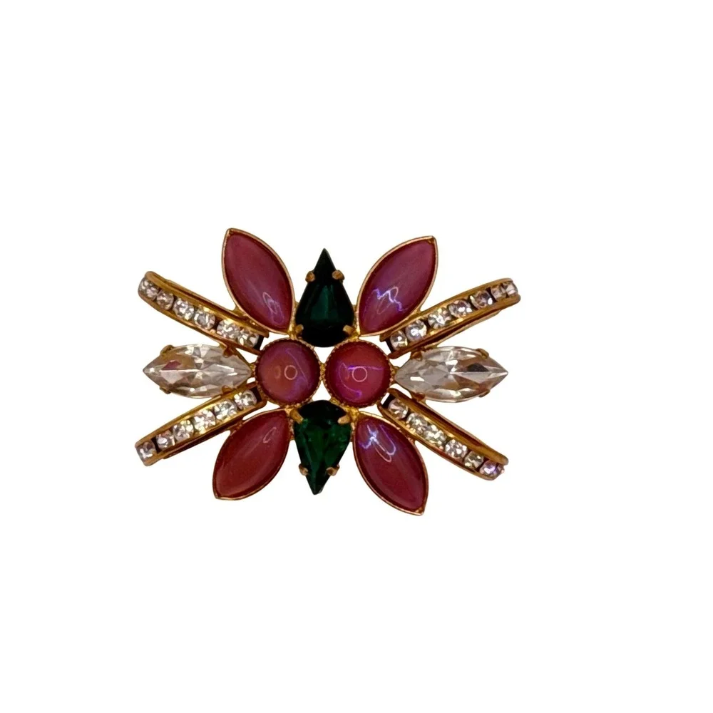 Vintage Brooch Women Pink Green Rhinestone Starburst Style‎ Pin Cabuchon